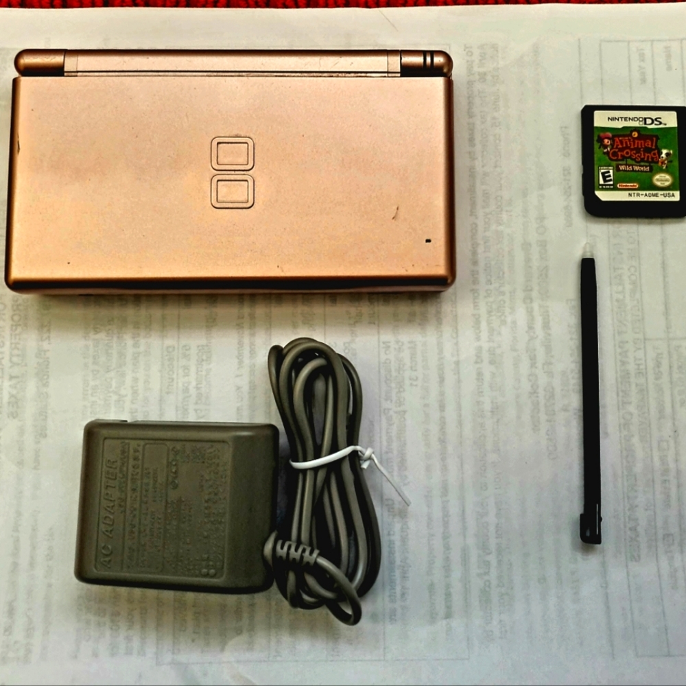 Pink Nintendo DS Lite and Animal Crossing Wild World.